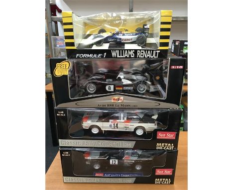 Two Sun Star Audi Quattro Coupe 1981 Rally 1/18 scale models. Together with Maisto Audi R8R Le Mans and Onyx 120 Ricardo Patr