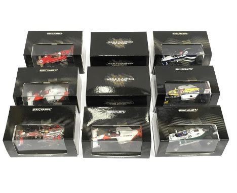 Nine Minichamps 1/43 scale World Champions Collection F1 models: #436 970003; #436 960005; #436 700005; #436 830005; #436 870