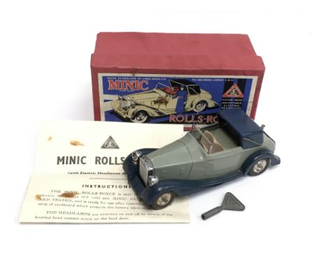 Triang Minic 50M Rolls-Royce Sedanca: scarce pre-war clockwork model in pale green with dark blue hood and wings, opening rea