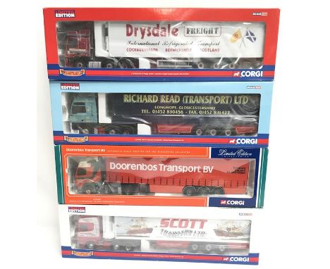 Four Corgi 1/50 scale trucks: CC12408 Volvo FH12 Curtainside - Doorenbos Transport; CC13408 ERF ECT Olympic Curtainside - Ric