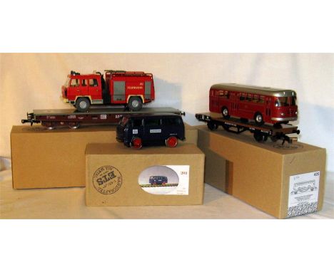 ETS O Gauge 201 Motorised VW Rail Van, 425 Flat with Fiat DR Bus Load and 482 Four Axle Flat with Fiat Fire Engine Load. All 
