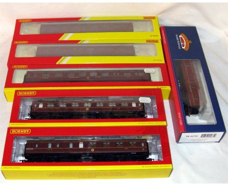HORNBY, HORNBY Railroad and Bachmann - 5 x LMS Maroon Coaches and a 50' Parcels Van - Hornby Nos 4231B and 2B and 12 Wheel Di