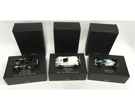 Three BMW 1/43 scale models: BMW V12 LM 24h Le Mans 1999 Team Go, Driver: Matsushita, Kato, Nakaya; BMW Benetton B186, Driver
