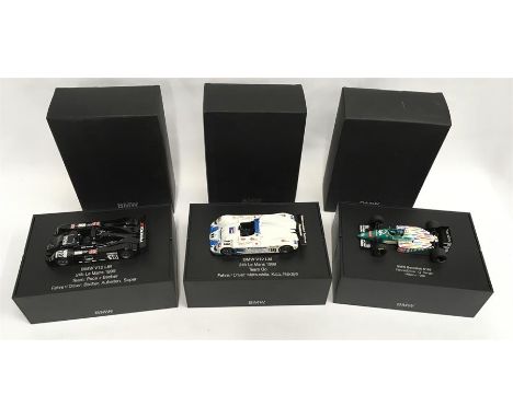 Three BMW 1/43 scale models: BMW V12 LM 24h Le Mans 1999 Team Go, Driver: Matsushita, Kato, Nakaya; BMW Benetton B186, Driver