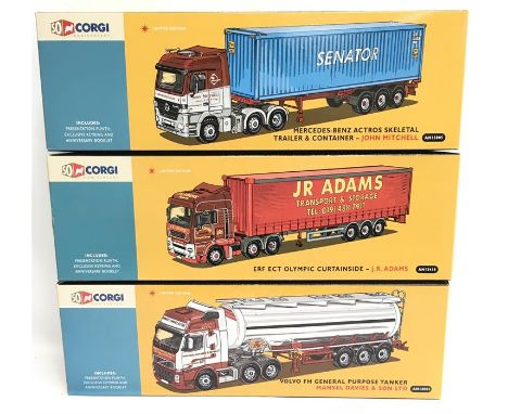 Three Corgi 50th Anniversary 1/50 scale models: AN14001 Volvo FH General Purpose Tanker Mansel Davies & Son Ltd.; AN13805 Mer