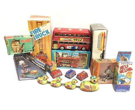 Selection of modern tinplate toys by various Chinese and other manufacturers, includes Fire Engine and Drumming Panda, nine b