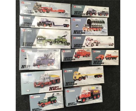 13 x Corgi Heavy Haulage 1/50 scale models, includes #17502 Pickfords Scammell Constructor Wrecker. Appear M and boxed (a cou