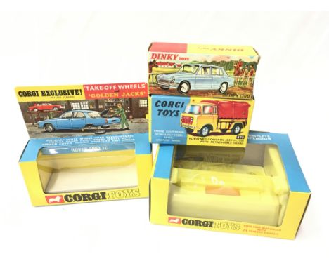 Three Corgi Toys empty boxes for 275 Rover 2000TC (E with inner card), 470 Forward Control Jeep FC-150 (VG with leaflet) and 