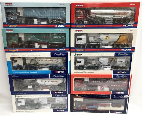 Ten Corgi 1/50 scale trucks, includes: CC12009 MAN Feldbinder Tanker - LaFarge Zement; CC12421 Volvo FH Globetrotter Feldbind