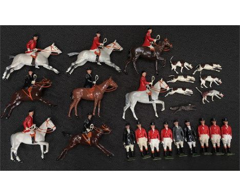 Quantity of Britains Hunting Series figures: 5 x Mounted Huntsman; 3 x Mounted Huntswoman; 6 x Standing Huntsman; 3 x Standin
