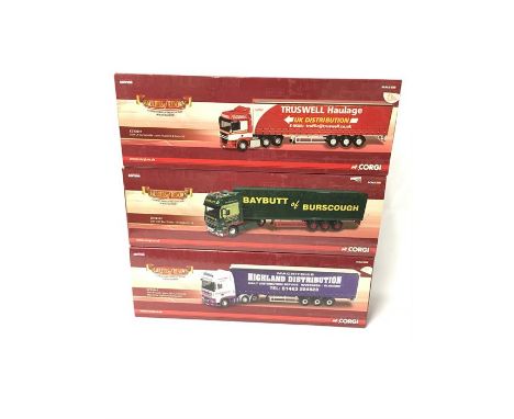 Three Corgi 1/50 scale Hauliers of Renown models: CC14101 DAF 105 Box Trailer - W Baybutt Ltd.; CC13617 DAF CF Curtainside - 