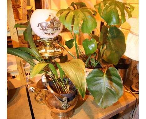 Converted brass oil lamp to light, plants in copper scuttle and a ceramic pot. Not available for in-house P&amp;P, contact Pa