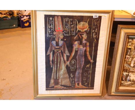 Egyptian print on papyrus, framed and glazed, 50 x 90 cm. Not available for in-house P&amp;P, contact Paul O'Hea at Mailboxes