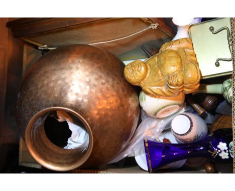 Box of mixed items including ceramic and glass vases, framed and glazed prints, wooden Buddha etc. Not available for in-house