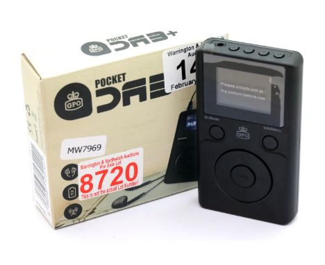 Pocket DAB+ radio with earphones, inbuilt rechargeable battery, has an auto adjusting clock, boxed. P&P Group 1 (£14+VAT for 