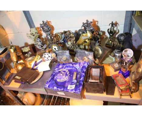 Shelf full of amateur football trophies and medals. Not available for in-house P&amp;P, contact Paul O'Hea at Mailboxes on 01