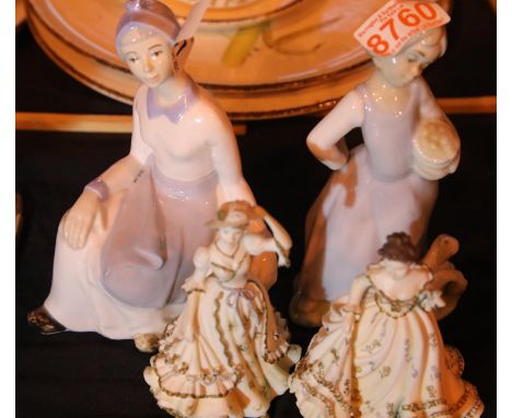 Two Nao lady figurines and two further figurines. Not available for in-house P&amp;P, contact Paul O'Hea at Mailboxes on 0192