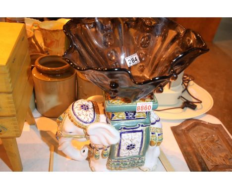 Elephant ceramic plant stand and smoked glass handkerchief vase. Not available for in-house P&amp;P, contact Paul O'Hea at Ma