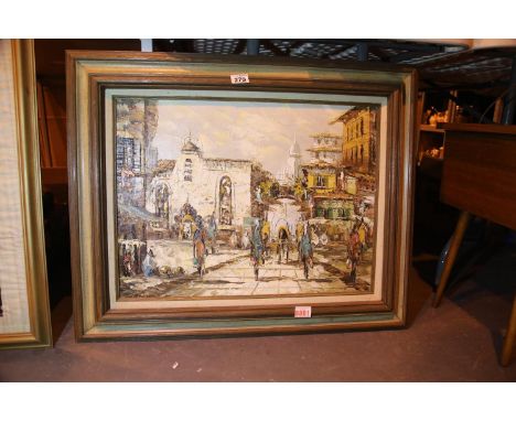 Oil on canvas signed R Birchard of a Mexican street scene, 61 x 46 cm. Not available for in-house P&amp;P, contact Paul O'Hea