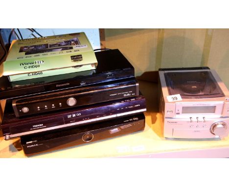 Shelf of mixed electrical items including Panasonic DMP-BD75 blu-ray player. Not available for in-house P&P, contact Paul O'H