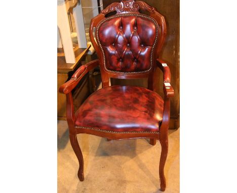 Chesterfield type red leather upholstered armchair with button back. Not available for in-house P&amp;P, contact Paul O'Hea a