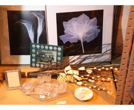 Shelf of mixed glass, pottery, coins, dried flowers and two framed floral prints. Not available for in-house P&amp;P, contact