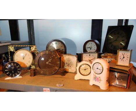 Shelf of vintage mechanical and electric mantle clocks by Smiths etc. Not available for in-house P&amp;P, contact Paul O'Hea 