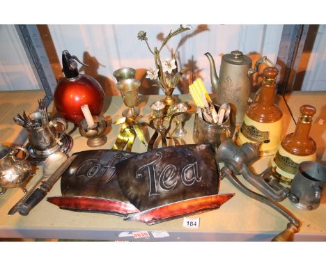 Shelf of mixed metalware, plated items, Bells whisky decanters and a soda syphon. Not available for in-house P&amp;P, contact