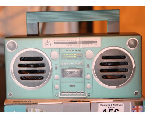 Aqua GPO Bronx mini boombox bluetooth speaker, compact retro portable speaker with rechargeable battery including USB port, m