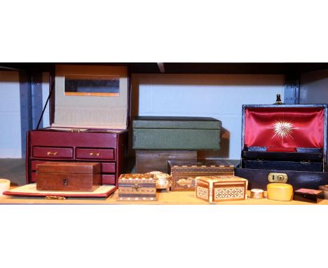 Shelf of inlaid jewellery boxes, trinket pots and musical boxes. Not available for in-house P&amp;P, contact Paul O'Hea at Ma