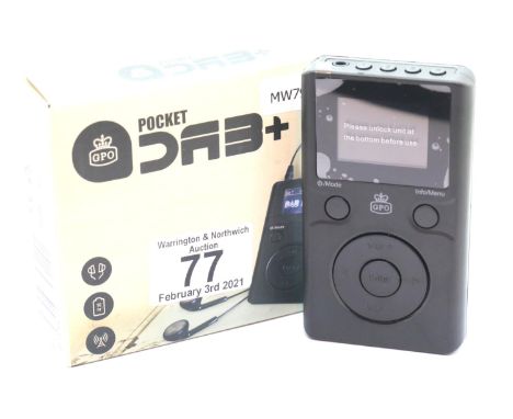 Pocket DAB+ radio with earphones, inbuilt rechargeable battery, has an auto adjusting clock, boxed. P&P Group 1 (£14+VAT for 