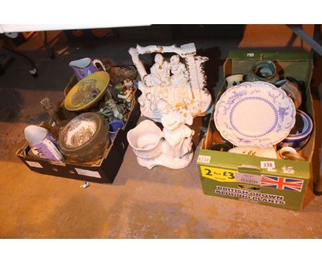 Two boxes of mixed items including studio pottery, glassware and white Italian ceramic figurine. Not available for in-house P