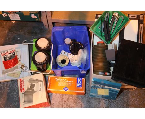 Collection of photographic darkroom equipment including development tanks, reagent bottles etc. Not available for in-house P&