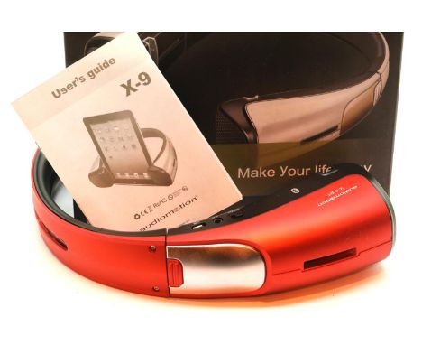 Red Audiomotion X-9 bluetooth speaker stand for iPad/tablet/phone, boxed. P&P Group 2 (£18+VAT for the first lot and £3+VAT f