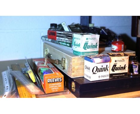 Shelf of mixed writing and artist items including bottled ink. Not available for in-house P&amp;P, contact Paul O'Hea at Mail
