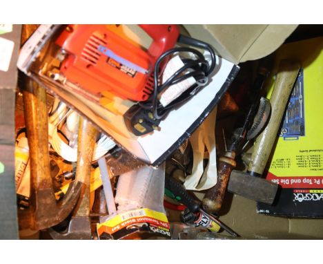 Box of mixed tools including Power Devil jigsaw. Not available for in-house P&amp;P, contact Paul O'Hea at Mailboxes on 01925