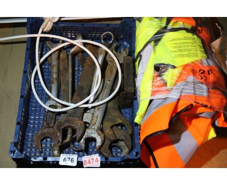 Box of mixed large spanners, approximately ten hi vis vests (all sizes) Not available for in-house P&P, contact Paul O'Hea at