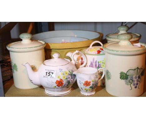 Three Poole Pottery storage jars, collectable teapots and two large mixing bowls. Not available for in-house P&amp;P, contact