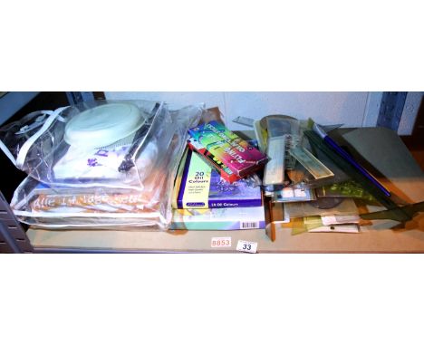 Shelf of mixed artist and stationary items including unused oils. Not available for in-house P&amp;P, contact Paul O'Hea at M