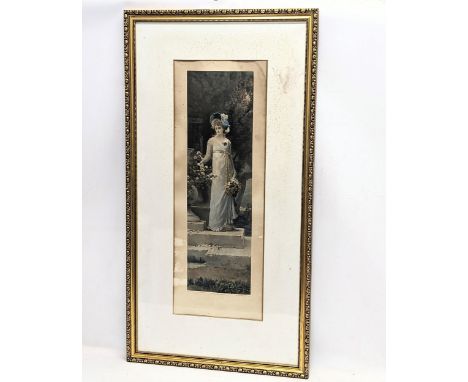 An Edwardian print of Marcus Stone R. A., 'Garden Flowers.' Reframed. 51x96cm 