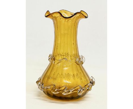 A 1940’s decorative Amber Art Glass crimped edge vase. 11x16.5cm 