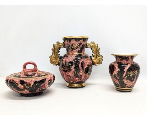 3 pieces of ornate Monte Carlo Ceramic pottery. Vase measures 22cm 