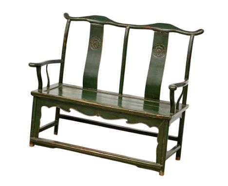 An 18th century style Chinese ornate bench in green paint decoration.  143x50x113cm 