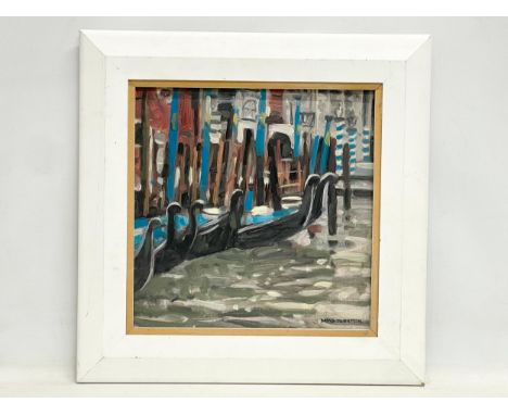 An oil painting by David Johnston. Titled ‘Gondolas Venice Light’ painting 29x29cm. Frame 43x43cm 