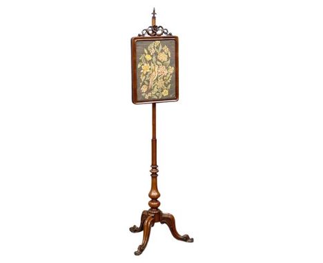 A Victorian mahogany polescreen with tapestry panel on cabriole legs. 150cm