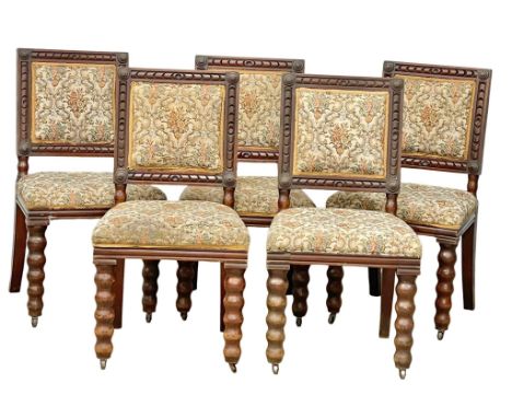 A set of 5 good quality Victorian heavy oak dining chairs, with bobbin turned legs. 