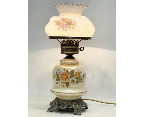 A vintage ornate brass Victorian style table lamp with glass bowl and shade. 46cm 
