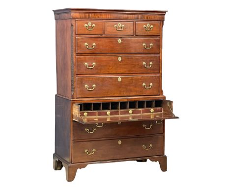 A large excellent quality 18th century early George III mahogany secretaire chest on chest with brass drop handles and canted