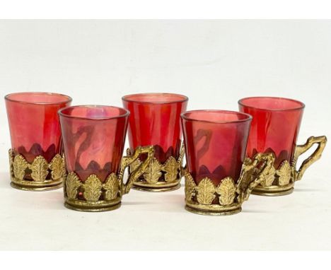 A set of 5 vintage Ruby Glass cups with gilt plastic holders. 7x8cm 