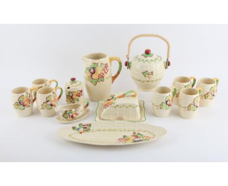 Clarice Cliff Royal Staffordshire Pottery (Wilkinson) Fruit and Basket design lemonade set, comprising jug 20 cm high, and se